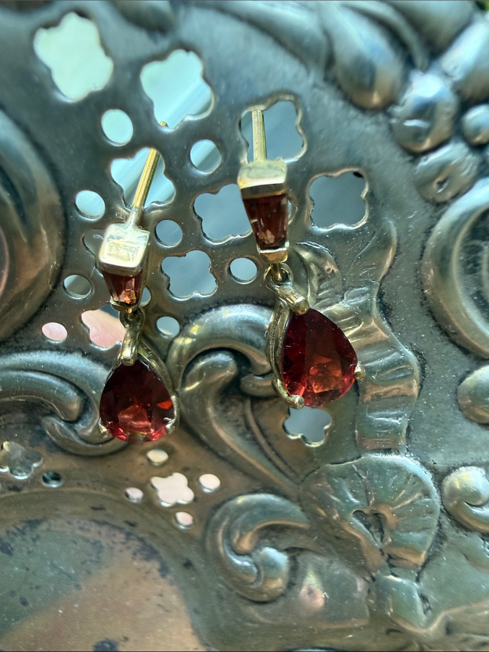 Vintage UK 9CT Gold Two-Stone Garnet Teardrop Drop Earrings - Signed 375